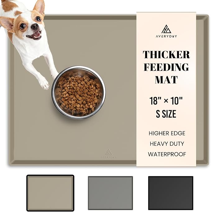 AVERYDAY 100% Waterproof Thicker Silicone Dog Food Mat, 0.63'' Raised Edge Bowl Mat for Food & Water, Non Slip Pet Feeding Placemat for Messy Drinkers, Perfect for Large Medium Small Breeds, 18"x10"