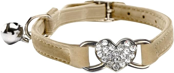 Heart Bling Cat Collar with Safety Belt and Bell Adjustable 8-10 inches for Kitten Cats (Khaki)