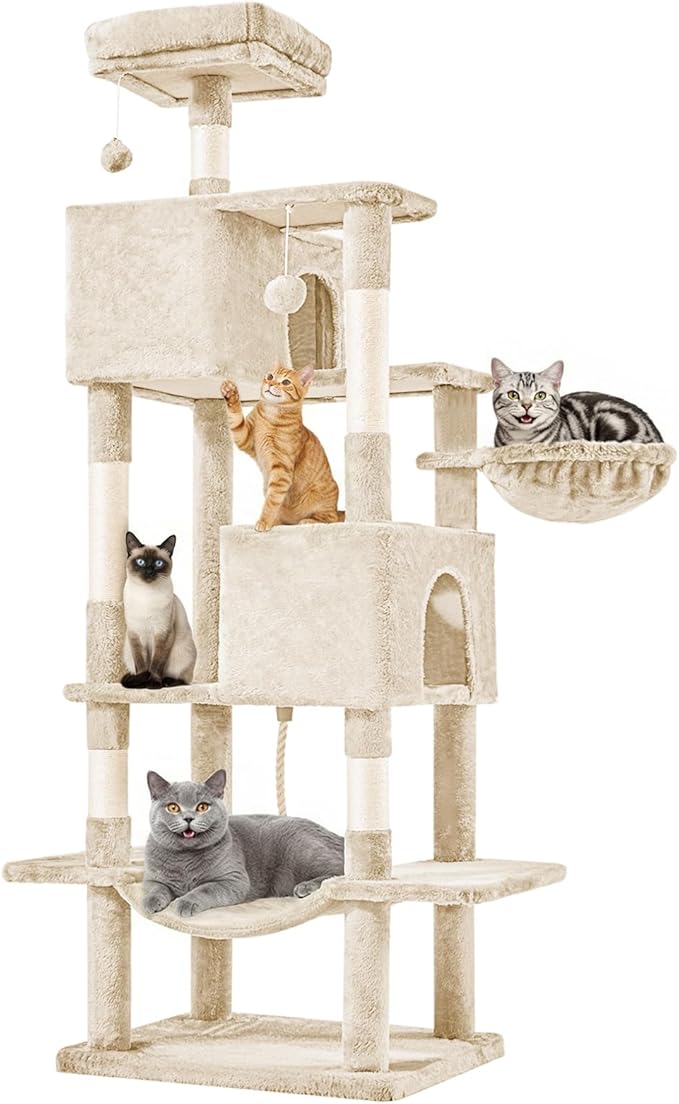 DUMOS Large 66 Inch Cat Tree Tower, Tall Multi Level Cat Climbing Tower with Natural Sisal Scratching Posts, Hammock, Pet Condo for Indoor Cats and Kittens Play, Beige