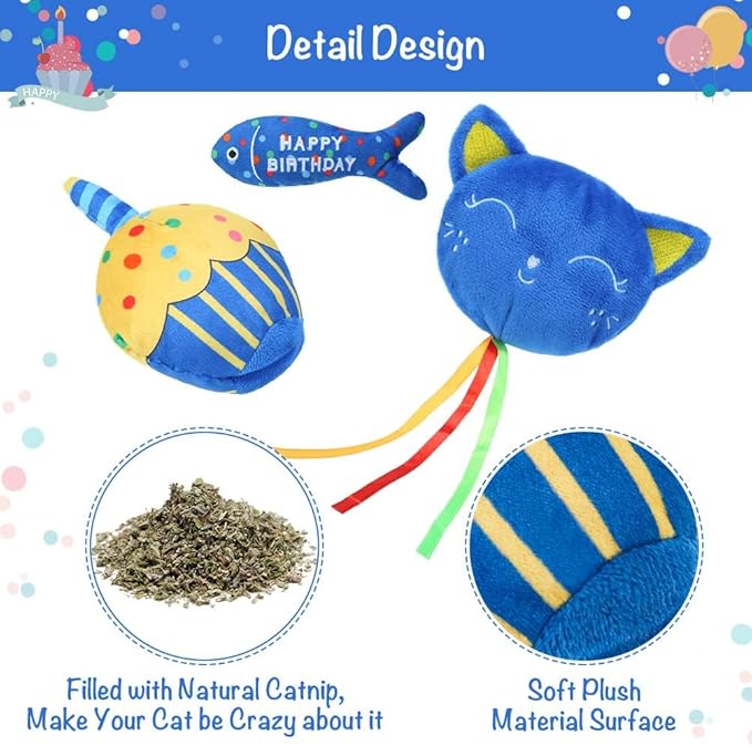BINGPET Cat Birthday Catnip Toys for Indoor Cats, 5 Pcs Cat Birthday Gift Kitten Interactive Toy for Boy Girl Cats, Soft Plush Catmint Kitty Chew Kick Toy, Hat, Bandana, Balloon, Cake, Fish, Dark Blue