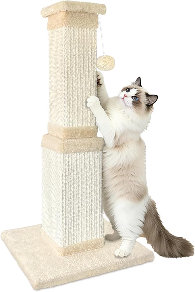 AGYM Cat Scratching Post for Large Cats, Cat Scratcher for Indoor Cats Adults, Sturdy Sisal Scratch Post to Protect Furniture, 32 Inch, Beige