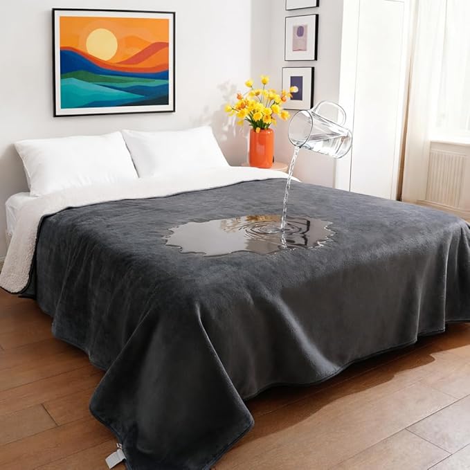 Sunheir Waterproof Blanket for Bed & Couch, Reversible Soft Sherpa Fleece Flannel Throw 60"x80", Leakproof Spill-Proof Dog Pet Blanket, Furniture & Sofa Protector, Camping, Travel, Twin, Grey