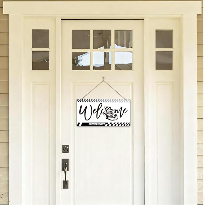 Welcome Sign for Front Door, Playroom Wall Decor, Motorsport Theme Wall Hanging Decor, Gift for Motorsport Lover, Funny Wooden Outdoor Front Door Hanging Decoration 13.8X6.9 inches