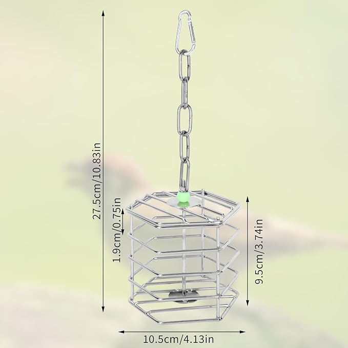 Stainless Steel Bird Suet Feeder Cage with Chain & Bead, Hanging Bird Food Holder Intelligent Feeding Box Millet Treat Holder for Macaw Cockatoo Cockatiel Parrot