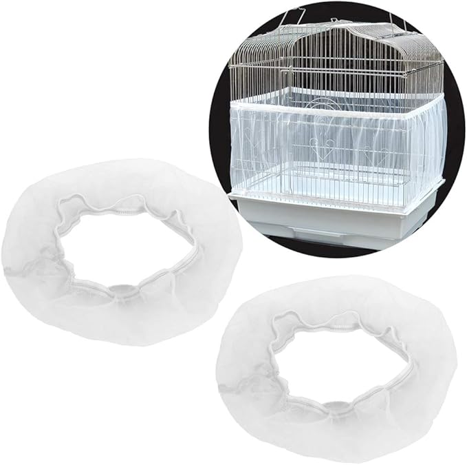 Alvinlite 2 Pieces Bird Cage Cover Seed Feather Catcher Birdcage Nylon Mesh Net Cover Soft Skirt Guard,Bird Cage Accessory(White)