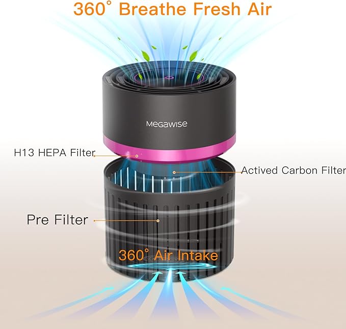MEGAWISE H13 HEPA Air Purifier for Home, Bedroom & Office | 3-Stage Filtration for Smoke, Dust, Pet Dander | Quiet & Ozone-Free