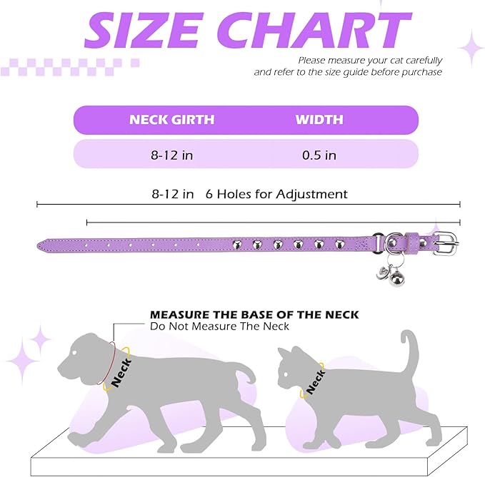 EXPAWLORER Leather Cat Collar for Girl Boy- Adjustable Pet Collar with Safety Elastic Belt,Personalized Heart Accessories Buckle Collars with Bell & Durable D-Ring,Heart (Purple)