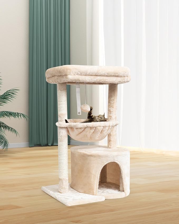 SYANDLVY Small Cat Tree for Indoor Cats, Kittens Condo with Scratching Post and Board, Modern Activity Tower with Cradle, Beige