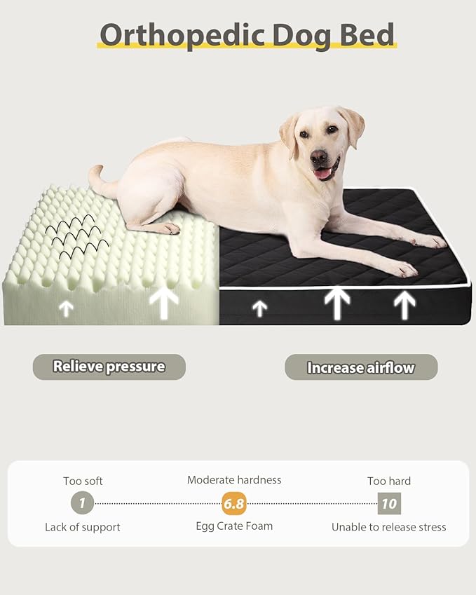 Orthopedic XL Dog Beds Large Sized Dog Waterproof Pet Kennel Pad with Removable Washable Cover and Non-Slip Bottom, 41x27 Inch, Black