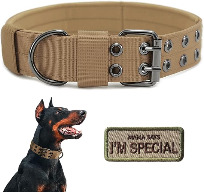 Tactical Dog Collar Military Adjustable Dog Collars Soft Nylon Training Collar with Patch Heavy Duty Metal Buckle Collars for Medium Large Dogs (Brown, L)