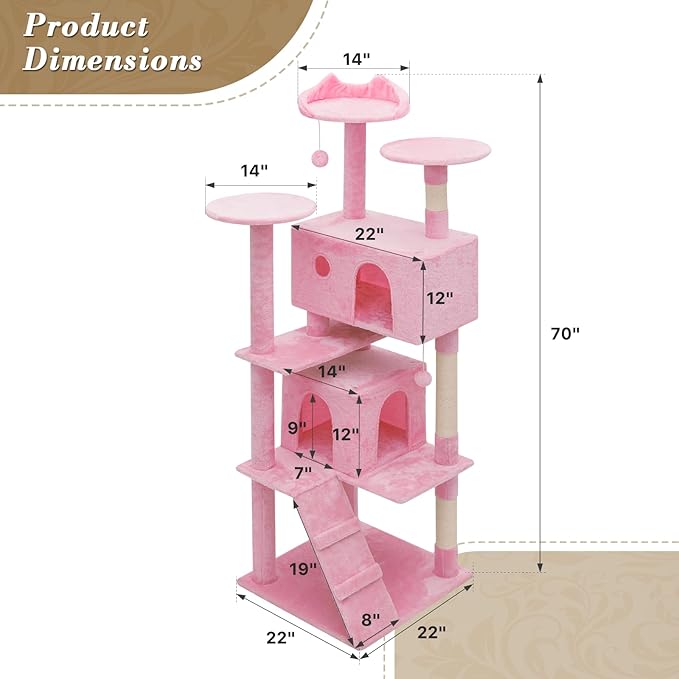 Athena Collection 70 Inch Cat Tree for Indoor Cats, Multi-Level Activity Center with 2 Condos, Scratching Post & Dangling Ball, Tall Climbing Tower, Pink