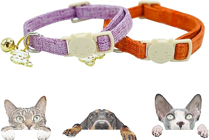 Elegant little tail 2 Pack Cat Collar- Halloween Orange&Purple Linnet Cat Collars Breakaway with Bell Pendant Wedding Kitten Boy Girl Safety Adjustable 7-12 Inch Collar for Small Cats Puppy