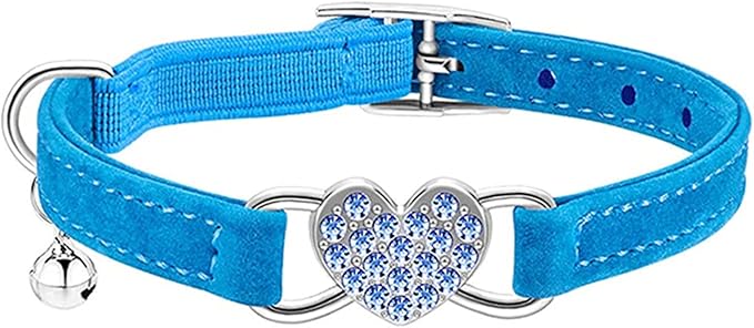 Heart Bling Cat Collar with Safety Belt and Bell Adjustable 8-10 inches for Kitten Cats (Blue)