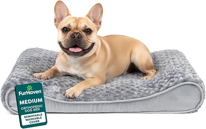 FurHaven Orthopedic Dog Bed for Medium Dogs, Luxe Lounger Contour Mattress with Solid Orthopedic Foam Slab for Joint Support, Removable Washable Cover, Medium, Faux Fur & Suede, Gray