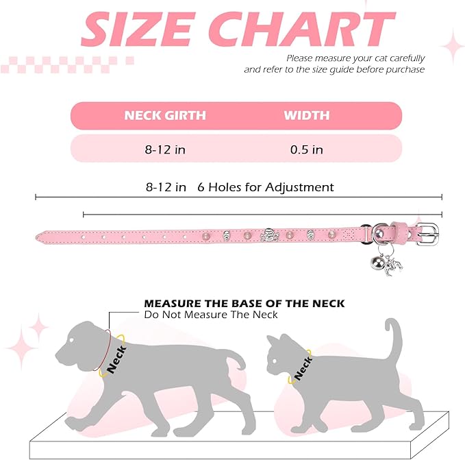 EXPAWLORER Cat Collar for Girl Boy Cats- Adjustable Leather Pet Collar with Safety Elastic Belt,Personalized Punk Accessories Buckle Collars with Bell & Durable D-Ring,Skull & Rivet（Pink）