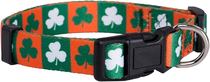 Native Pup St Patricks Dog Collar- Saint Patrick Green Shamrock Pet Collars- St. Patrick’s Lucky Irish- Adjustable for Small, Medium, Large Breeds (Green & Orange Shamrock, Large)