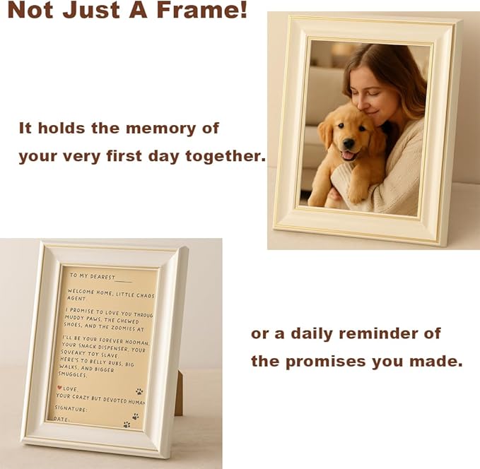 Dog Welcome Gift Box – New Puppy Starter Kit with Promise Card, Frame, Toys, Double‑Sided Bowl & Brush in Woven Basket – Dog Adoption Gift for Small Medium Dogs