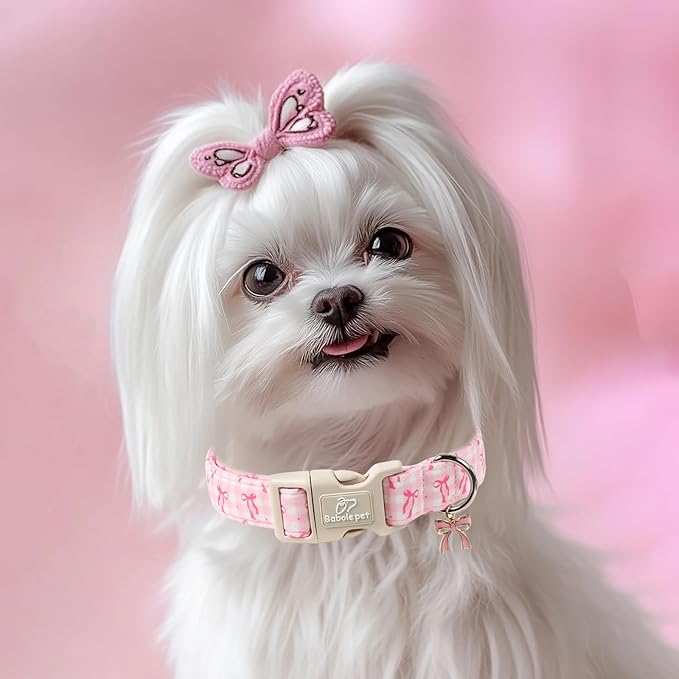 Girl Dog Collar for Large Dogs - Cute Pink Plaid & Bow Print Spring/Summer Puppy Collar, Soft Adjustable Holiday Female Dog Collars with Quick Release Buckle L