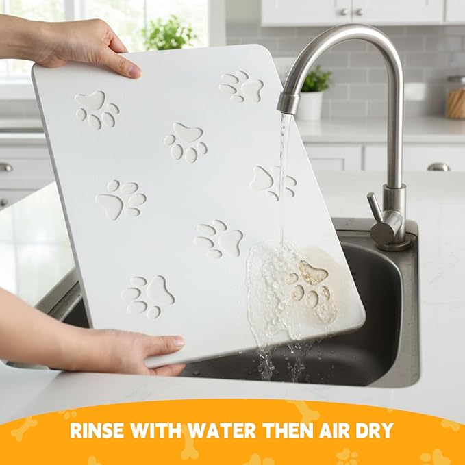 White Diatomaceous Earth Dog Bowl Mat (16x12 in) | Non-Slip Pet Food & Water Mat | Square Design with Cute Paw Prints for Medium Dogs, Quick Dry & Easy to Clean