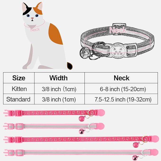 Taglory Reflective Cat Collar Breakaway with Bells, 2 Pack Girl Boy Pet Cat Collar Adjustable 7.5-12.5 Inch, Pink