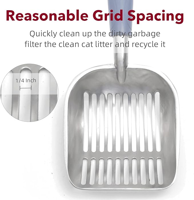 Cat Litter Scoop, Kitty Metal Scooper, Aluminum Alloy Sifter, Kitten Pooper Lifter, Deep Shovel, Long Handle, Poop Sifting, Durable, Heavy Duty, for Litter Box
