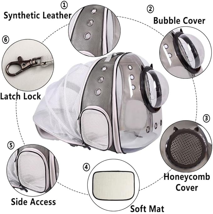 Expandable Cat Carrier Backpack, Backpack for Cats Kitten Small Puppy, Airline Approved Cat Bubble Backpack, Space Capsule Astronaut Carrier (Grey, Back Extension)
