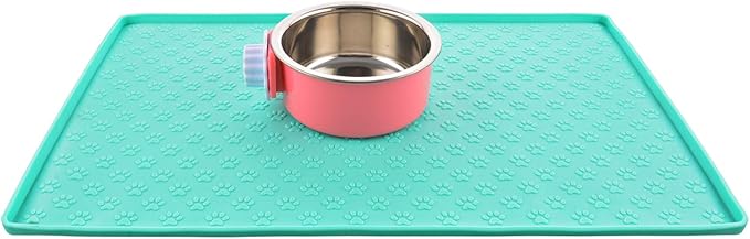 Silicone Cat & Dog Bowl Mat, Non-Slip Pet Feeding Mat - Waterproof Dog & Cat Placemat (18.5"x11.8", Mint Green Paw Pattern)