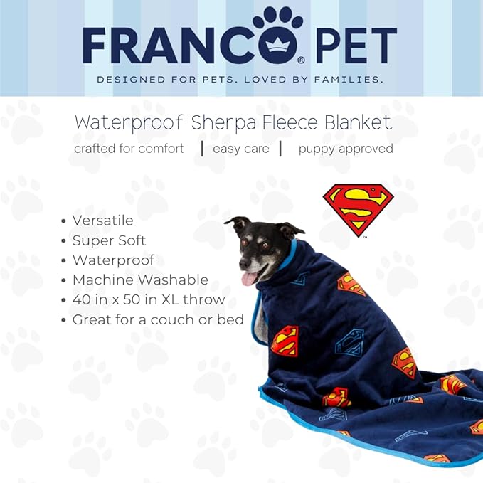 Franco Pet Superman DC Comics Super Soft Cozy Waterproof Sherpa-Backed Blanket Throw for Medium Dogs, Couch/Bed/Car, 40x50 (Officially Licensed Product)