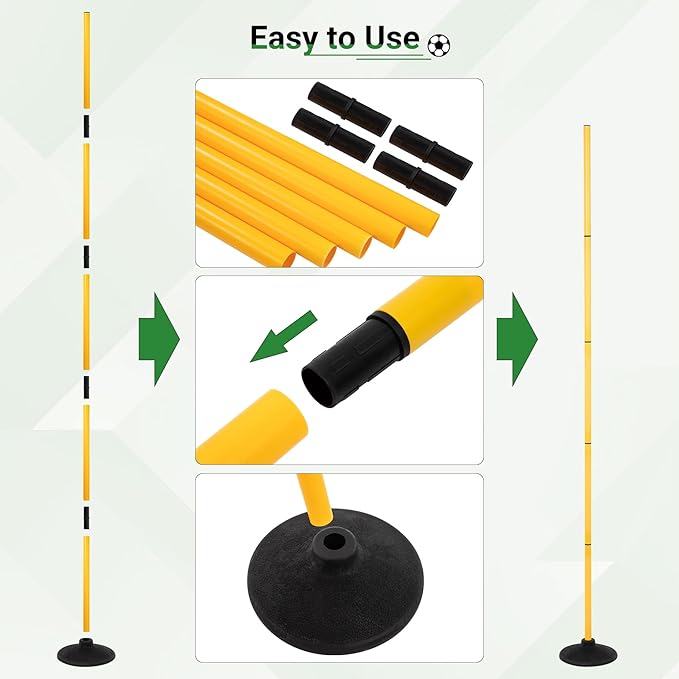 6 FT Agility Poles for Soccer, Basketball, Football, Equestrian, Pet Training, 4/6/8/10 Pack Detachable Soccer Poles w/Rubber Bases, Pole Bending Poles for Horses, Indoor/Outdoor Use