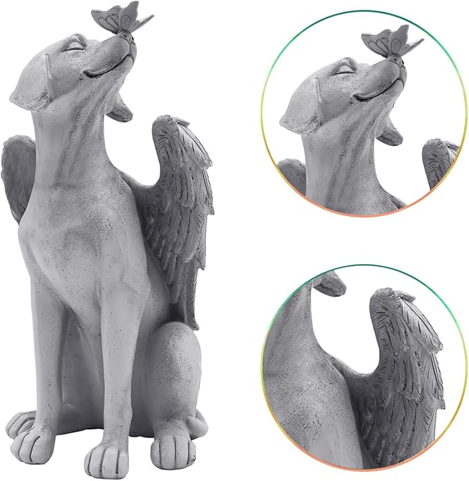 Angel Figurine Memorial Pet Puppy Dog Butterfly Stone Statue with Wings Garden Grave Monument Marker Decor Polyresin Angel Figures Statue Tombstone Sculpture Ornament Loss of Dog Sympathy Gift