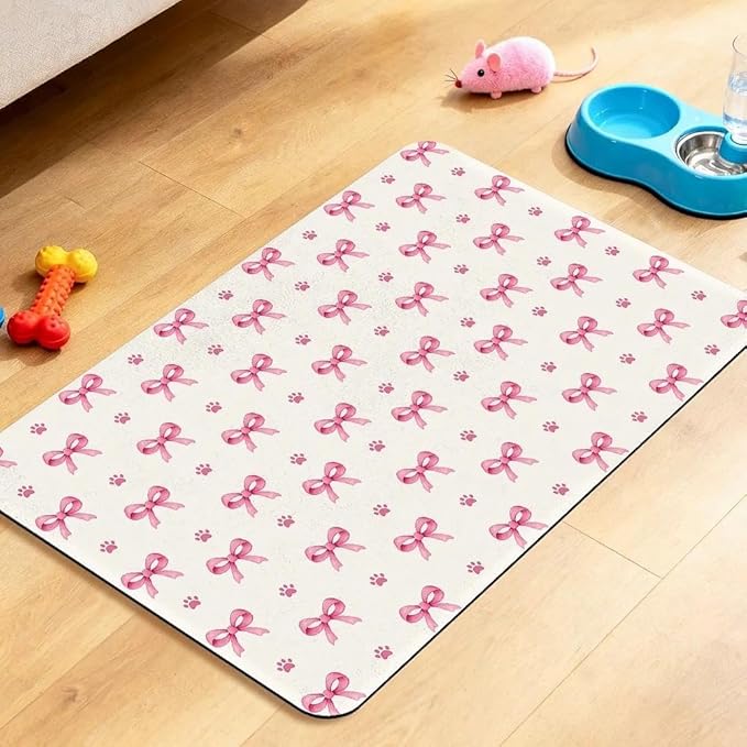 Pink Bow Dog Food Mat for Pet Cat Food Mat, Paws Absorbent Quick Dry Dog Bowl Mats for Food and Water, Non-Slip Cat Pet Feeding Mats for Floor Placemats 12"x20"