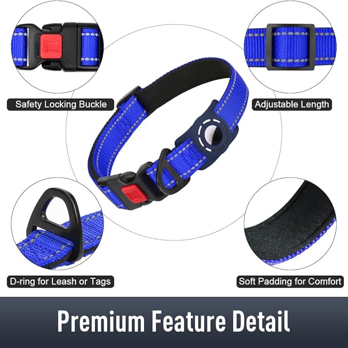 Airtag Dog Collar with AirTag Holder for Large Dogs, Reflective, Soft Padded & Safety Locking Buckle, Nylon Pet Collars Adjustable for All Breeds, NavyBlue,L