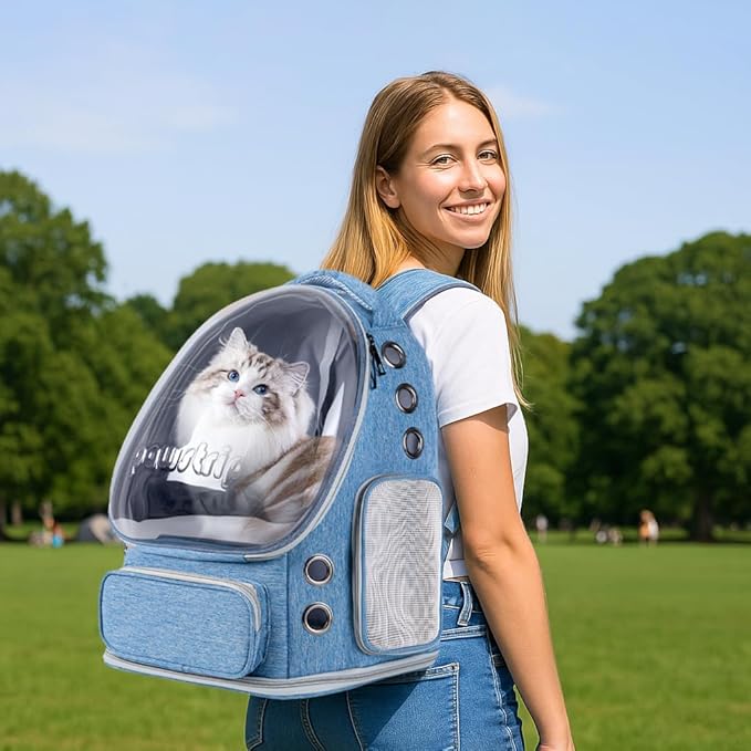 Pawstrip Cat Backpack Carrier with Large Space Bubble Window, Airline Approved Breathable Pet Carrier for Small Dogs Cats up to 15lbs, Foldable for Travel Hiking & Outdoor Use