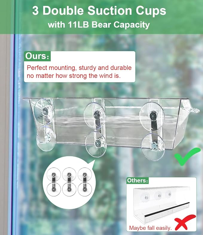 Clear Window Mounted Bird Feeder Bath with Strong Suction Cups for Outside, Transparent Glass Birdfeeder Birdbath for Cats, Kids, Elderly Viewing, 2 Pack