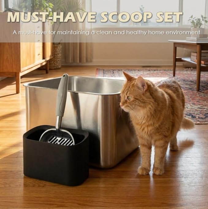 Metal Cat Litter Scoop with Holder, Aluminum Cats Litter Scooper Captures All Clumps, Heavy Duty Metal Kitty Scoopers with Holder, Cat Metal Scoop and Holder (Black)