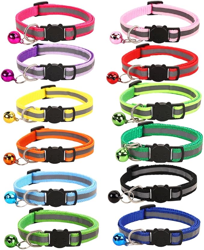 12-Pack Safety Release Reflective Cat Collars with Bell - Breakaway Buckle, Night Visibility, Anti-Hunting Bell - Adjustable Kitten & Adult Cat Collars (12 Multicolor)
