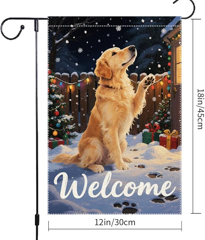Golden Retriever Welcome Garden Flag 12x18 Inch Double Sided Christmas Winter Burlap Outdoor Yard Decoration Holiday Dog Banner for Porch Patio Lawn
