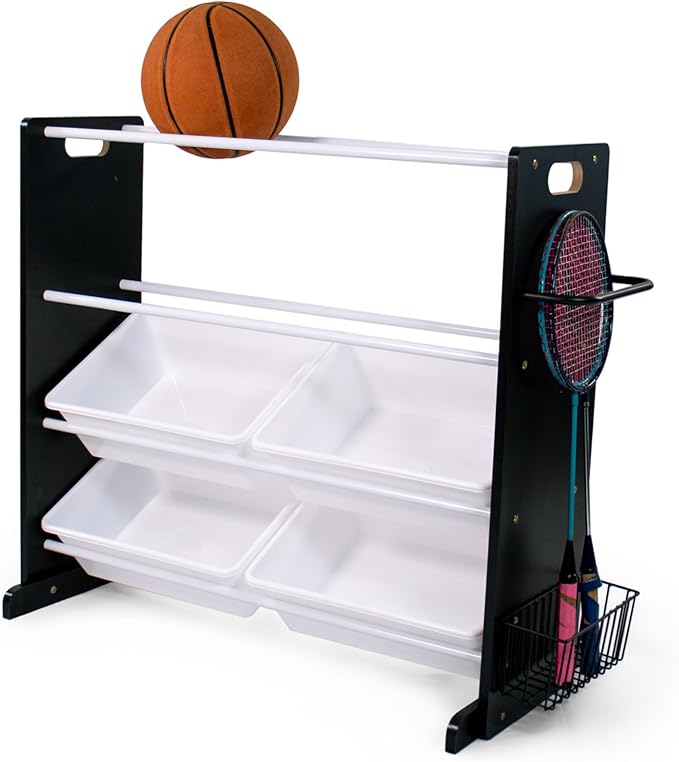 Humble Crew Jayden Sports Equipment Organizer with 2 Ball Racks and 4 Storage Bins – Black/White Rack for Home Gym, Garage & Kids’ Gear, Holds Balls, Bats, Rackets & More