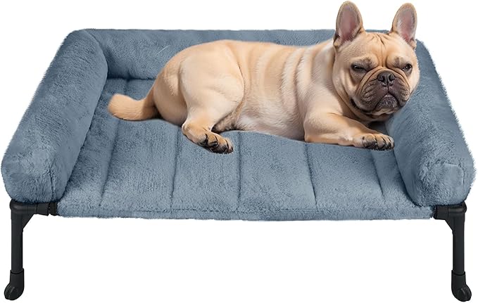 Veehoo Orthopedic Elevated Dog Bed with Fluffy Plush Bolster Cushion, Indoor Raised Dog Beds for Large Dogs, Soft Pet Sofa Cot with Removable Washable Mat, No-Slip Feet, 32 x 25 inches, Haze Blue