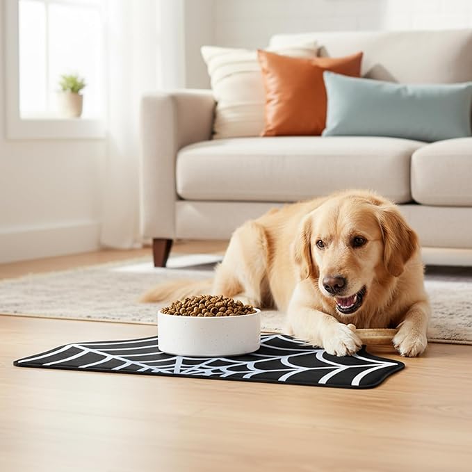 Pet Mat for Food and Water, Absorbent Non-Slip Quick Dry Dog Food Mat for Dog Cat Bowl Indoor Outdoor Pet Dining Gift Halloween Decorations (15.74 * 23.62In, Spider)