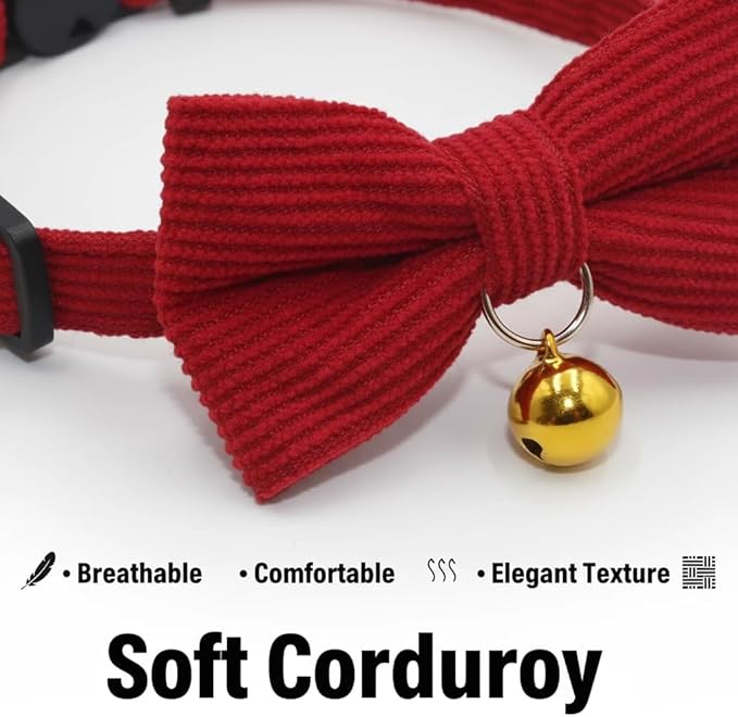 THAIN Cat Collar with Bow Tie and Bell, Breakaway Adjustable Cute Soft Corduroy Kitten Collars Safety Buckle for Girl Cats(Solid Red)