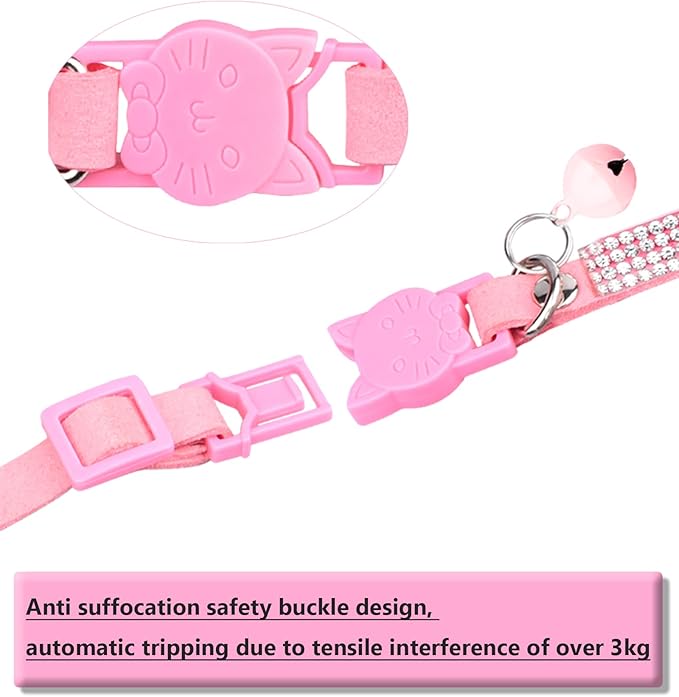 Cat Collars for Girl Cats with Rhinestone Soft Velvet,Breakaway Cat Collars with Bell,Adjustable Safe Kitten Collar (Pink)
