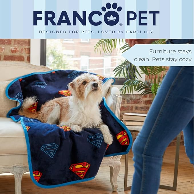 Franco Pet Superman DC Comics Super Soft Cozy Waterproof Sherpa-Backed Blanket Throw for Medium Dogs, Couch/Bed/Car, 40x50 (Officially Licensed Product)