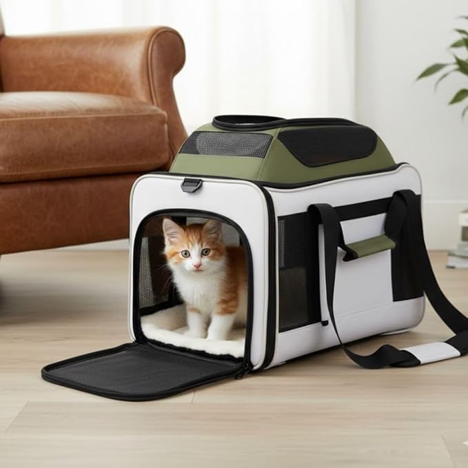 Cat Carrier Dog Carrier Airline Approved, Pet Carrier for 2 Cats Small Medium Dogs, Soft Cat Carrier 18x15x15 with Foldable Bowl & Washable Pad, TSA Approved Dog Carriers by Luniko Shop (Cream)