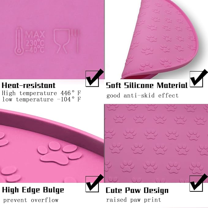Silicone pet Food mat, Dog Food and Water mat, Raised Edge Rubber mat for Dog Bowls, Prevents Food and Water from staining Floors, Suitable for Small and Medium Pets，10.6'' (Pink - Odorless)
