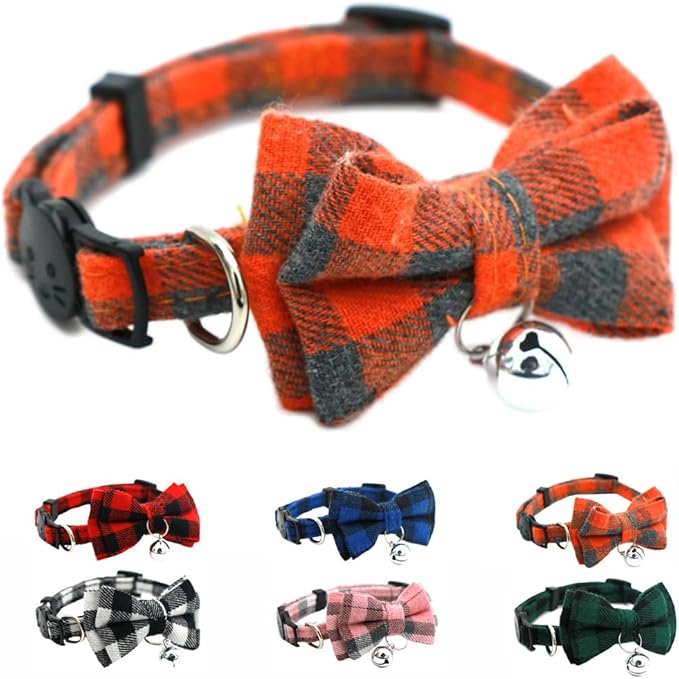 Orange Plaid Bow Cat Collar with Bell, Breakaway Kitten Bell Collar with Bowtie Christmas Dog Collars Boy for XXS Xs Small Tiny Little Pet Dogs Girl Kitten, for Hoilday Birthday Party