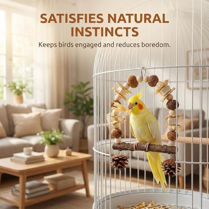 Bird Swing Toy with Cuttlebone & Corn Husks - Hanging Parrot Perch with Chewing Pine Cones - Cage Shredding Accessories for Cockatiels Parakeets Conures Budgies
