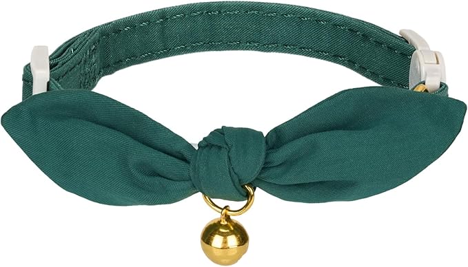 Bunny Ear Cat Collar with Bell and Bow Tie, Breakaway Cute Bowtie Kitten Collars(Dark Green)