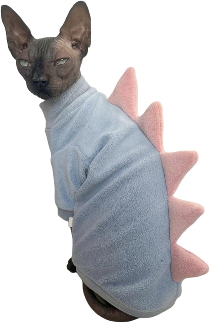 Dinosaur Sphynx Cat Clothes, Soft Polar Fleece Sweater for Cat, Elastic Pet Clothes Thick Winter Warm Outfit for Hairless Cat, Devon, Cornish, Small Dogs Apparel with Sleeves (Sky Blue, Medium)