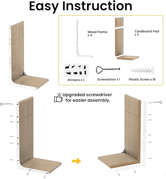 Cat Scratcher Lounge, 23 Inch L-Shaped Cat Scratch Pad, Vertical & Horizontal Scratching 1.2" Thick Cardboard with Fun DIY Stickers, Durable, Eco-Friendly